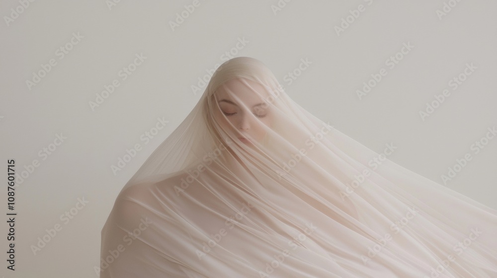 A woman is wearing a sheer white veil and is standing in front of a white wall A woman is wearing a sheer white veil and is standing in front of a white wall