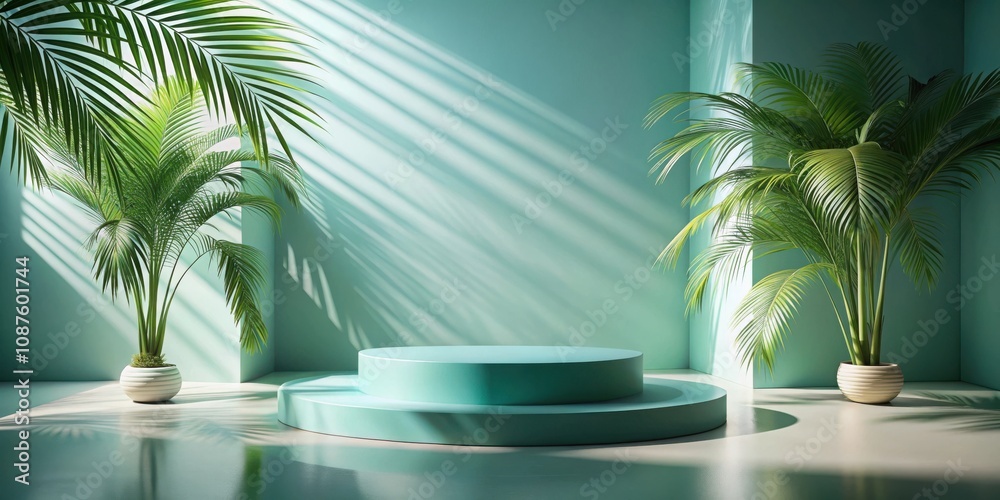 A minimalist green and white platform with potted palm plants and sunbeams illuminating the space. A minimalist green and white platform with potted palm plants and sunbeams illuminating the space.