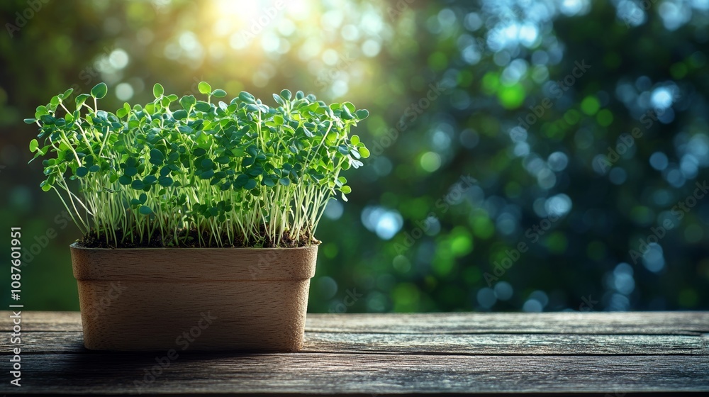 Microgreens Sprouting in Pots on a Wooden Table in Bright Indoor Light