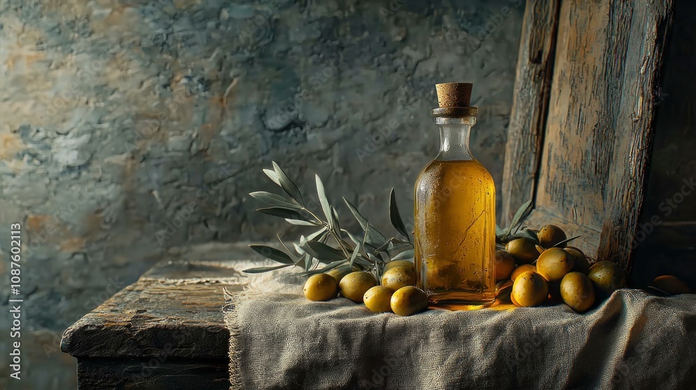 An elegant bottle of olive oil sits on a rustic surface alongside fresh olives and woven fabric. The composition highlights natural beauty and simplicity in a calm ambiance. An elegant bottle of olive oil sits on a rustic surface alongside fresh olives and woven fabric. The composition highlights natural beauty and simplicity in a calm ambiance.