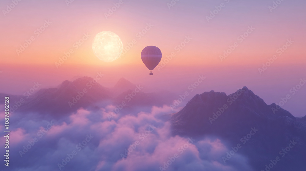 A single hot air balloon flying over mountains at dawn, surrounded by misty clouds A single hot air balloon flying over mountains at dawn, surrounded by misty clouds