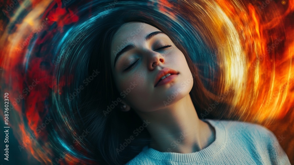 A Young Woman with Vertigo Feeling Dizzy and Holding Her Head in Distress A Young Woman with Vertigo Feeling Dizzy and Holding Her Head in Distress