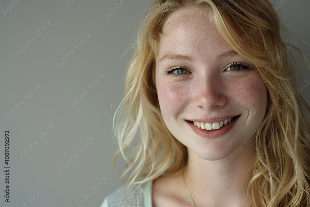 Young woman with long blonde hair and freckles on her face who is smiling at the camera. The girl woman looking at the camera on gray background.