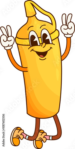 Cartoon fast food mustard bottle groovy character. Street cafe mustard sauce personage, fast food menu snack or takeaway restaurant meal cute 60s 70s groovy isolated vector mascot or character