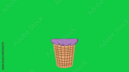 Looping Animation of Dirty Clothes Falling into Laundry Basket with Green and White Backgrounds