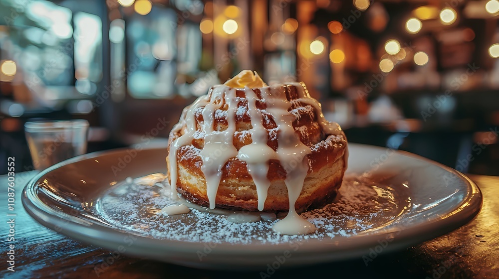 Indulge in this decadent cinnamon roll, dripping with creamy icing, resting on a plate, surrounded by a cozy atmosphere of warm lights. Indulge in this decadent cinnamon roll, dripping with creamy icing, resting on a plate, surrounded by a cozy atmosphere of warm lights.