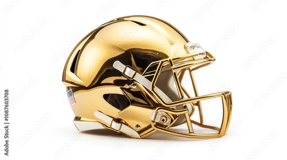 Fototapeta premium Stylish gold football helmet isolated on white background, perfect for sports-themed projects and branding