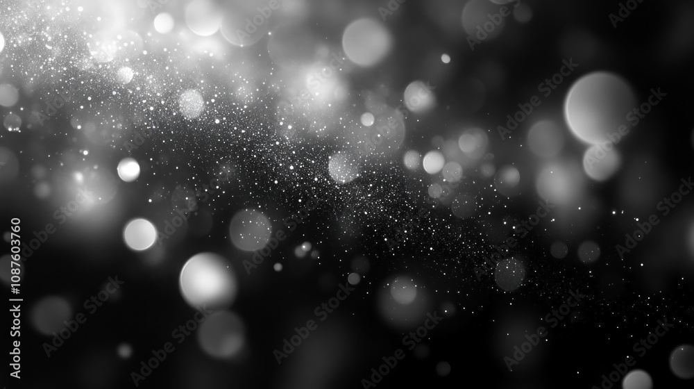 Silver dust particles swirling and sparkling against a black background, creating a beautiful bokeh effect, perfect for festive or luxurious designs Silver dust particles swirling and sparkling against a black background, creating a beautiful bokeh effect, perfect for festive or luxurious designs