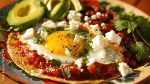 A colorful plate of huevos rancheros topped with fried eggs, salsa photo
