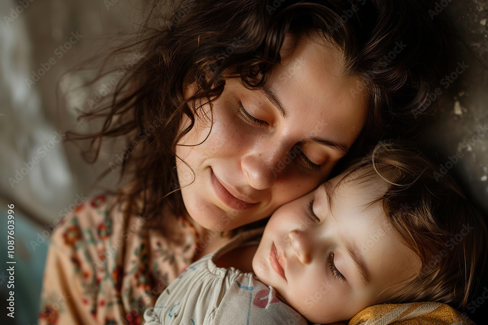 A smiling woman is holding a sleeping baby. warmth and love between mother and child.