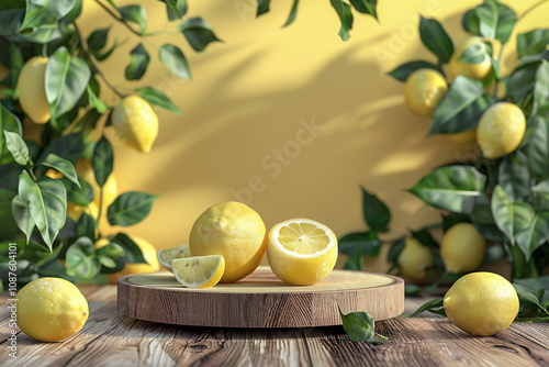 Podium lemon vitamin stand background pedestal presentation food stage, freshness and simplicity concept.