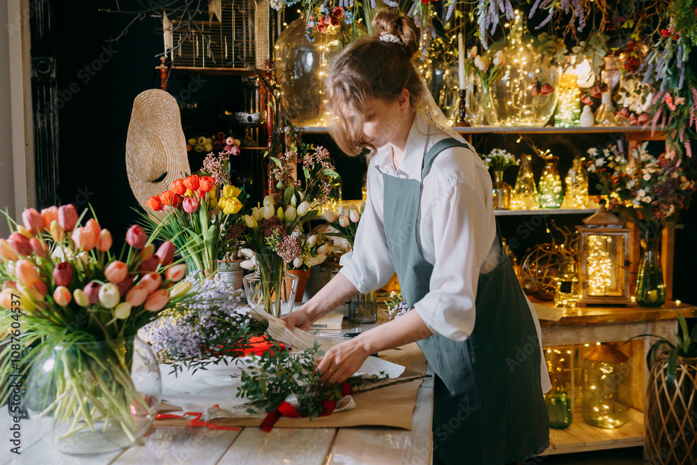 A woman in her florist shop collects bouquets of flowers. The concept of a small business. Bouquets of tulips for the holiday on March 8. A woman in her florist shop collects bouquets of flowers. The concept of a small business. Bouquets of tulips for the holiday on March 8.