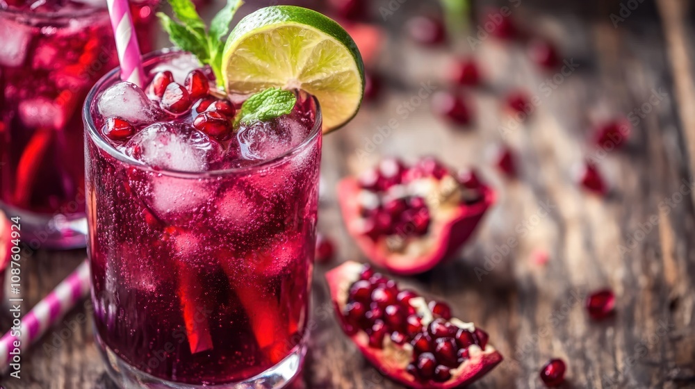 Refreshing pomegranate drinks with lime and mint on a rustic wooden table. Refreshing pomegranate drinks with lime and mint on a rustic wooden table.