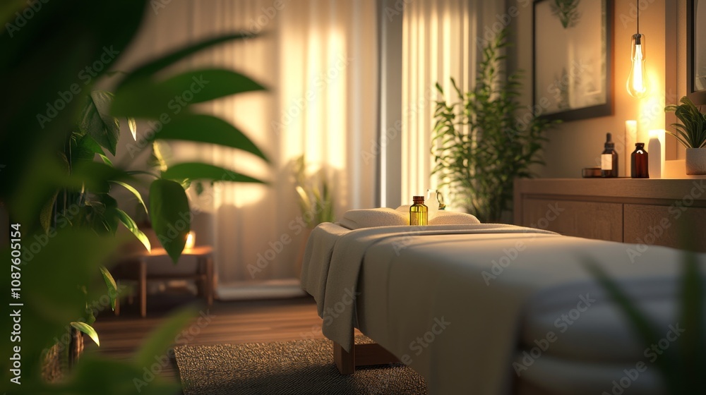 Serene Massage Therapy Room Featuring Natural Oils and Soft Lighting for a Calming Experience in a Tranquil Setting