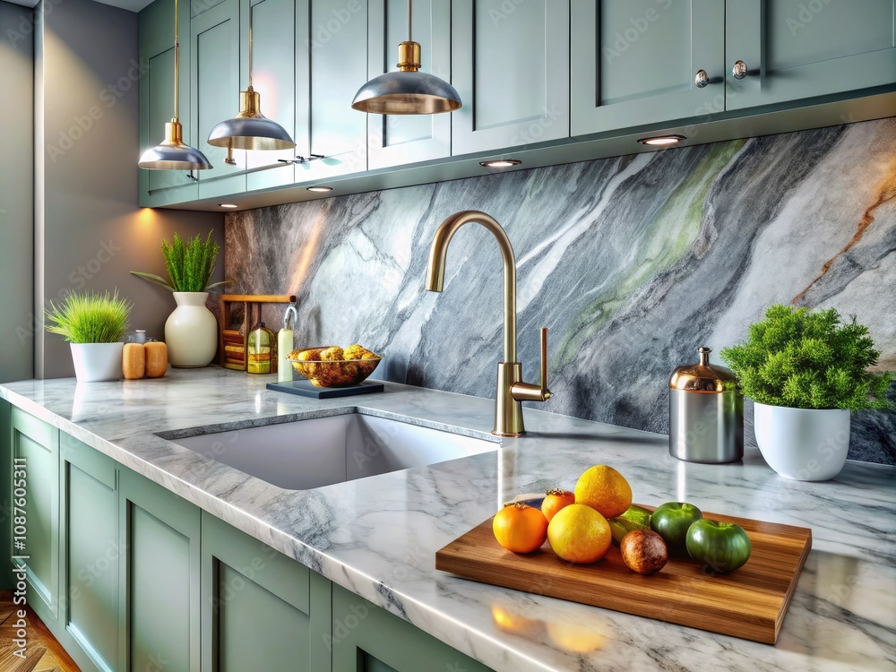 Modern Kitchen Counter with Marble Wall and Sunlit Home Goods Display Modern Kitchen Counter with Marble Wall and Sunlit Home Goods Display
