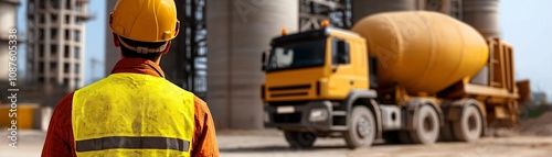 Cement factory and mixer truck concept. A construction worker in a safety vest observes a concrete mixer truck at a building site, highlighting industrial work and site management. photo