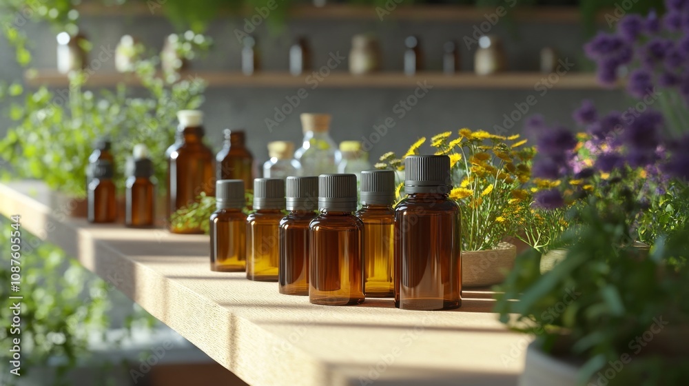 Natural Healing Space Featuring Essential Oils and Healing Herbs in Brown Bottles on Rustic Wooden Shelves with Sunlight and Fresh Greenery Natural Healing Space Featuring Essential Oils and Healing Herbs in Brown Bottles on Rustic Wooden Shelves with Sunlight and Fresh Greenery