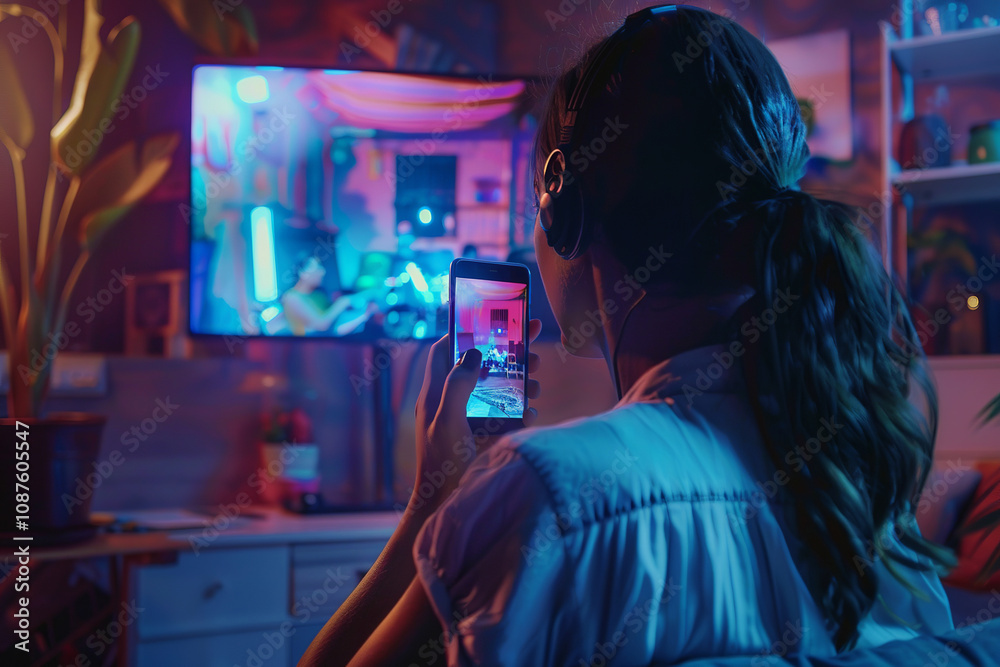 Obraz premium A woman is watching a video on her phone while sitting on a couch. The room is dimly lit, and there are several potted plants scattered around the space