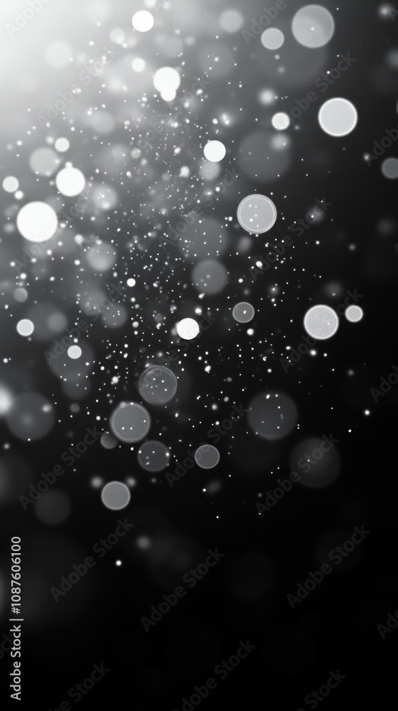 Abstract silver bokeh effect creates a magical, sparkling atmosphere against a black background Abstract silver bokeh effect creates a magical, sparkling atmosphere against a black background