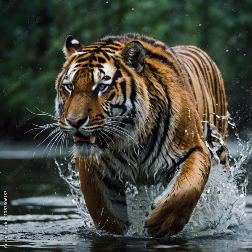 A powerful tiger strides purposefully through water in a dense jungle, its fur glistening as droplets fly around. The vibrant greenery surrounds this magnificent creature, Generative AI A powerful tiger strides purposefully through water in a dense jungle, its fur glistening as droplets fly around. The vibrant greenery surrounds this magnificent creature, Generative AI