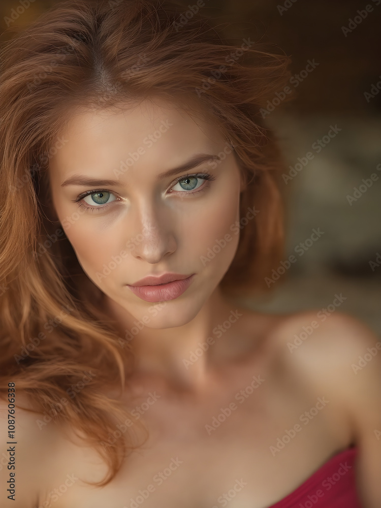 Una seductora mujer que mira hacia el frente con encantador cabello castaño rojizo Una seductora mujer que mira hacia el frente con encantador cabello castaño rojizo