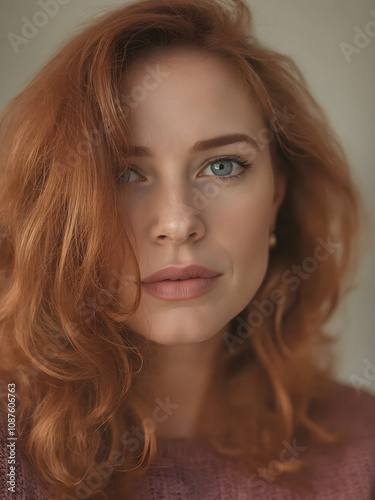 Una divina  mujer que mira hacia el frente con encantador cabello castaño rojizo