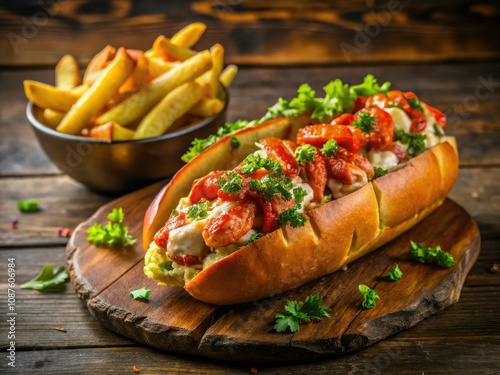 Night Photography of Delicious Lobster Roll and French Fries on Wooden Table for Food Lovers