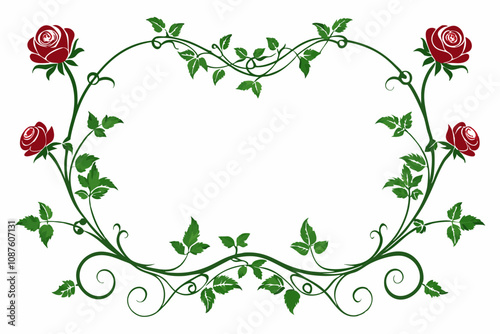 Oval frame of thorns and red roses isolated on a white background