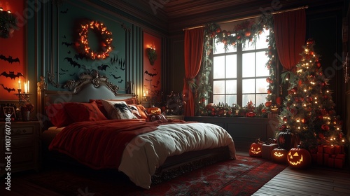 Chic bedroom with a mix of Halloween spookiness and Christmas joy, beautifully blended