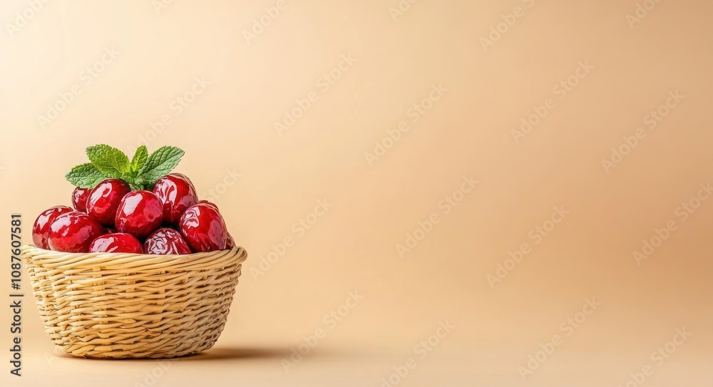 A basket of shiny red cherries with a mint leaf on a soft beige background. A basket of shiny red cherries with a mint leaf on a soft beige background.