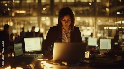 A teenage girl in a modern office setting working on a laptop, wearing smart casual attire, surrounded by tech gadgets and a minimalist workspace