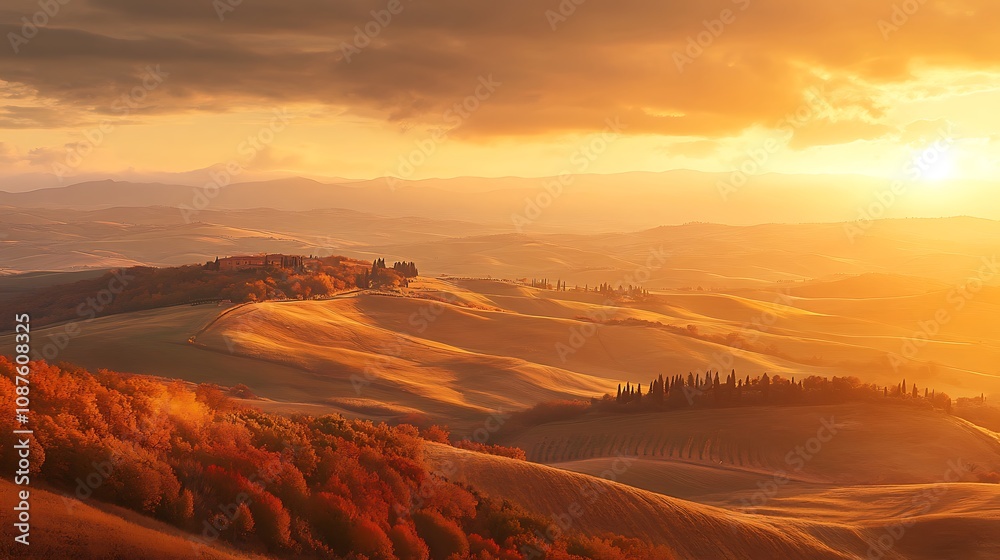 A mesmerizing autumn landscape featuring the picturesque Val d'Orcia in Tuscany, Italy, showcasing rolling hills with vibrant foliage under a golden sunset.