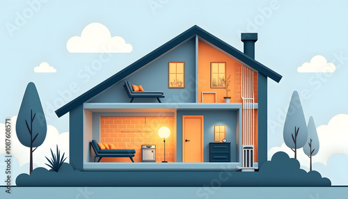 Cross-section of a house with insulated walls and energy-efficient heating systems, Reducing heating costs