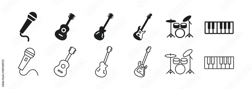 Band instrument icon set (mic, guitar, bass, drums, keyboard) Band instrument icon set (mic, guitar, bass, drums, keyboard)