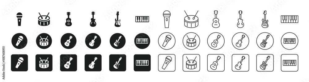 Band instrument icon set (mic, guitar, bass, drums, keyboard)