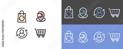 E commerce and online shop symbol set - modern cart refresh, delivery location, user refresh and cart icon symbols