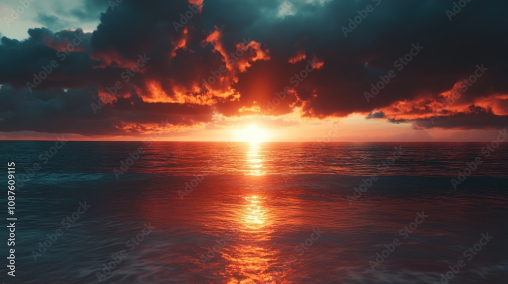 Fiery Sunset Ocean Scene Dramatic Clouds, Golden Horizon, Calm Waters Fiery Sunset Ocean Scene Dramatic Clouds, Golden Horizon, Calm Waters