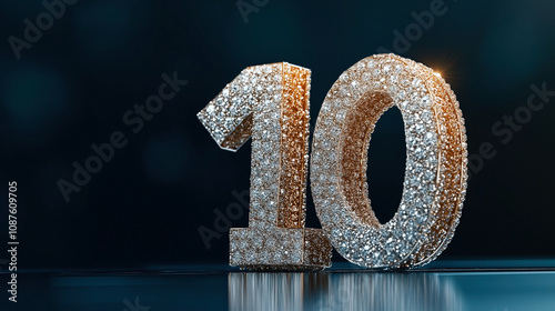 Sparkling diamond-encrusted number ten against a dark blue background with light reflections