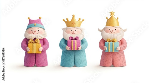 Colorful festive kings holding gifts.