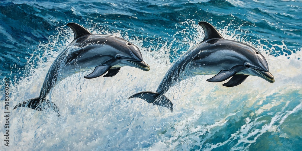 Fototapeta premium Two dolphins gracefully leap from the sea, showcasing their playful nature as they jump from the shimmering waves, bringing joy and wonder to those who witness these dolphins in action.