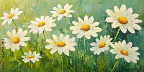 White daisies bloom vibrantly against a lush green background, creating a stunning visual of white daisies that showcases their natural beauty and charm on this serene canvas.