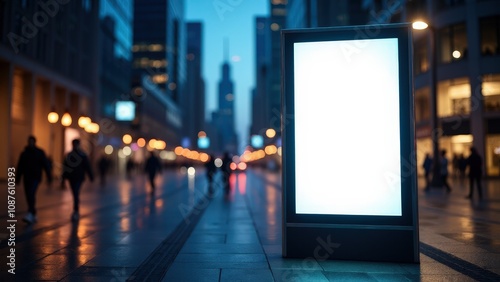 A photorealistic urban advertising mockup featuring a glowing display in a vibrant cityscape at night.