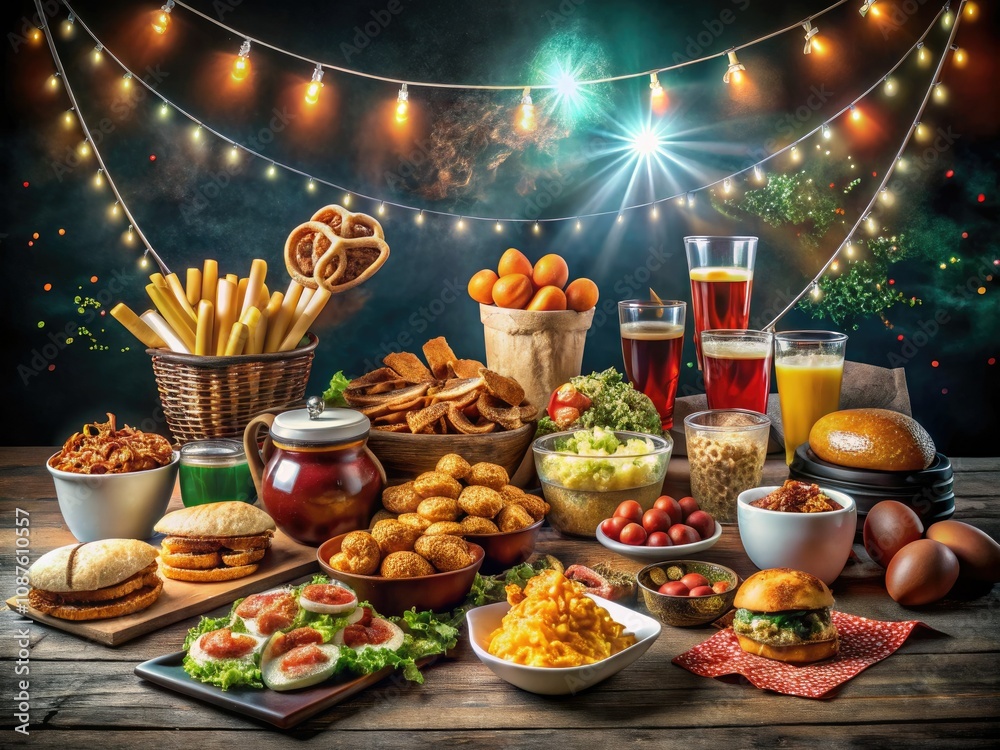 Party Food Selection for Football Championship with Double Exposure Effect - Top View on Dark Background Party Food Selection for Football Championship with Double Exposure Effect - Top View on Dark Background