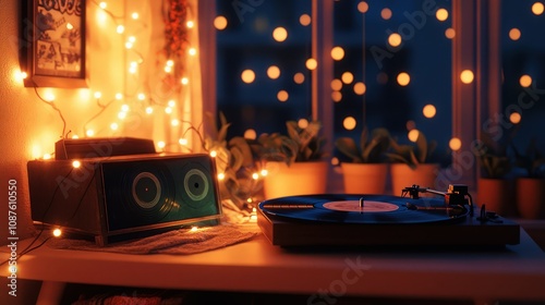 A cozy lo-fi living room at night with warm lighting, a vintage record player spinning vinyl, and soft glowing fairy lights, perfect for a chill hip hop stream overlay.