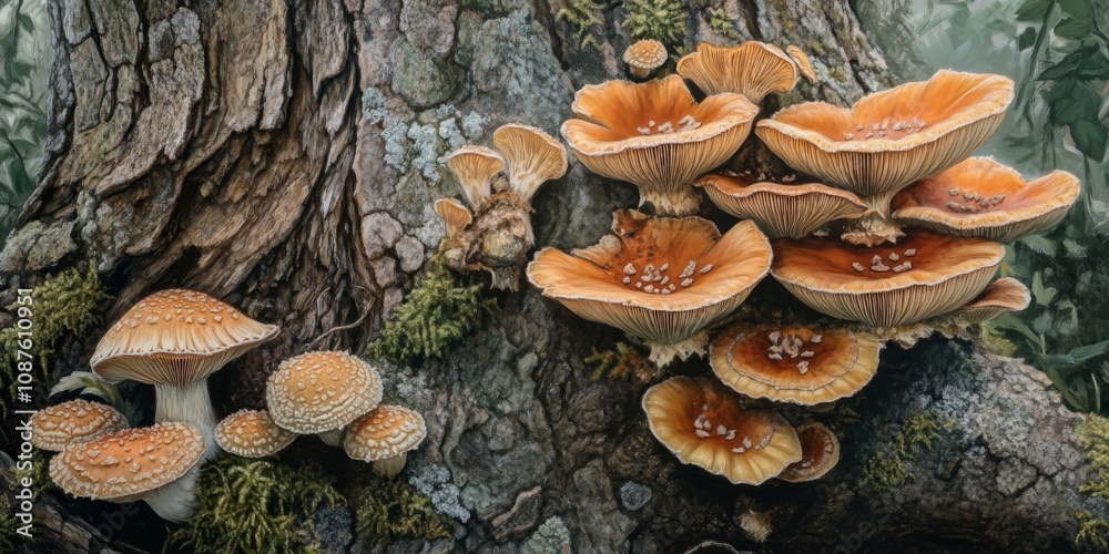 Mushrooms thrive on a tree in a lush forest, showcasing the unique relationship between mushrooms and nature. Explore the captivating presence of mushrooms nestled among the tree bark in this serene Mushrooms thrive on a tree in a lush forest, showcasing the unique relationship between mushrooms and nature. Explore the captivating presence of mushrooms nestled among the tree bark in this serene