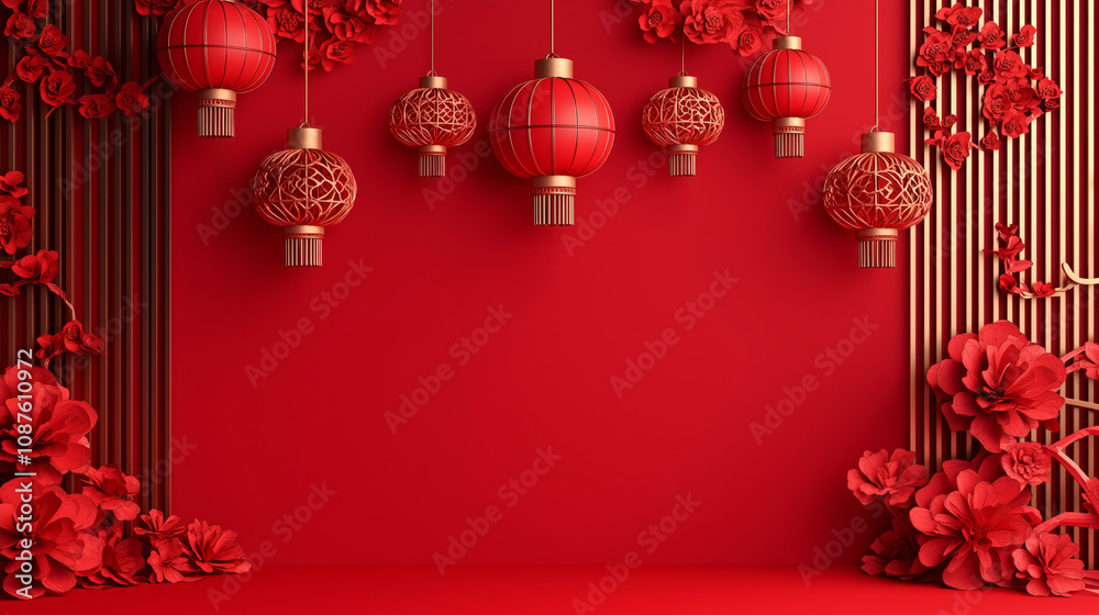 A vibrant red background with hanging traditional Chinese lanterns, paper flowers, and decorative elements for festive celebrations. A vibrant red background with hanging traditional Chinese lanterns, paper flowers, and decorative elements for festive celebrations.