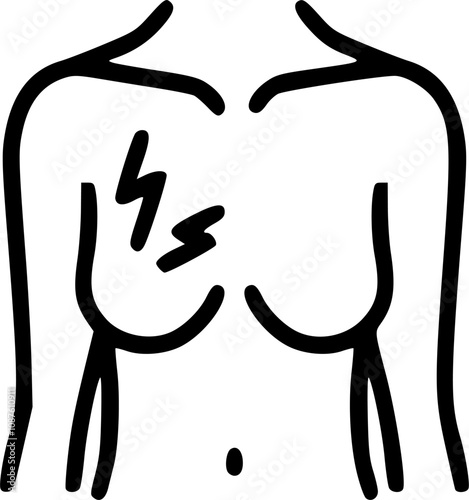 Sore Breasts Icon. Line Illustration of Female Chest with Pain Symbols, Representing Breast Pain and Discomfort.
