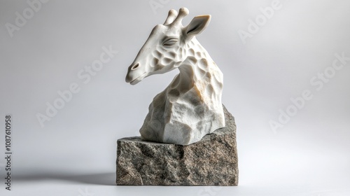 A stylized sculpture of a giraffe head on a stone base, showcasing artistic design and craftsmanship. photo