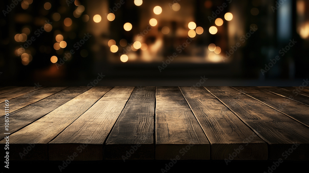 Rustic wooden table surface with blurred warm bokeh lights creating a cozy and festive atmosphere. Rustic wooden table surface with blurred warm bokeh lights creating a cozy and festive atmosphere.