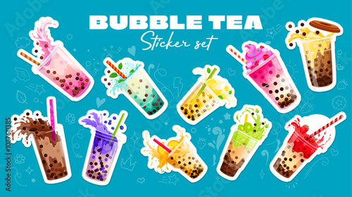 Bubble tea stickers, vector fruit food and milk drink. Boba tea, iced coffee and milkshake cocktail glasses stickers with tapioca pearls and bubbles, chocolate and berry, drinking straws and splashes